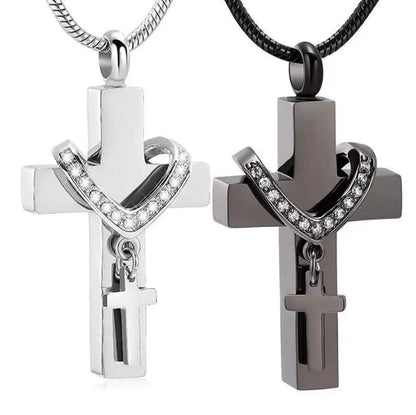 Silver and black stainless steel cross pet urn necklace with heart accent and mini cross charm