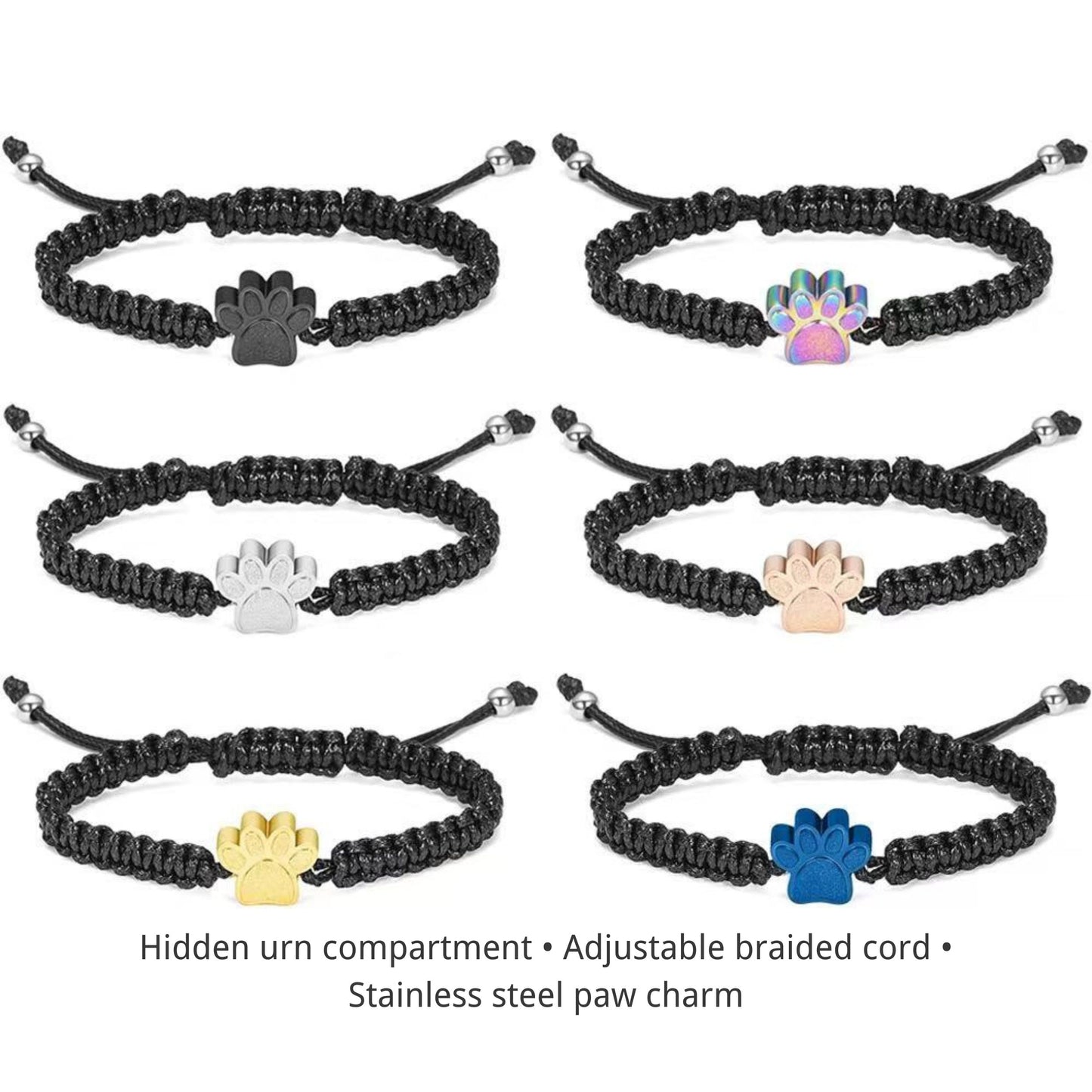Paw print cremation urn bracelet color options black silver gold rose gold blue rainbow