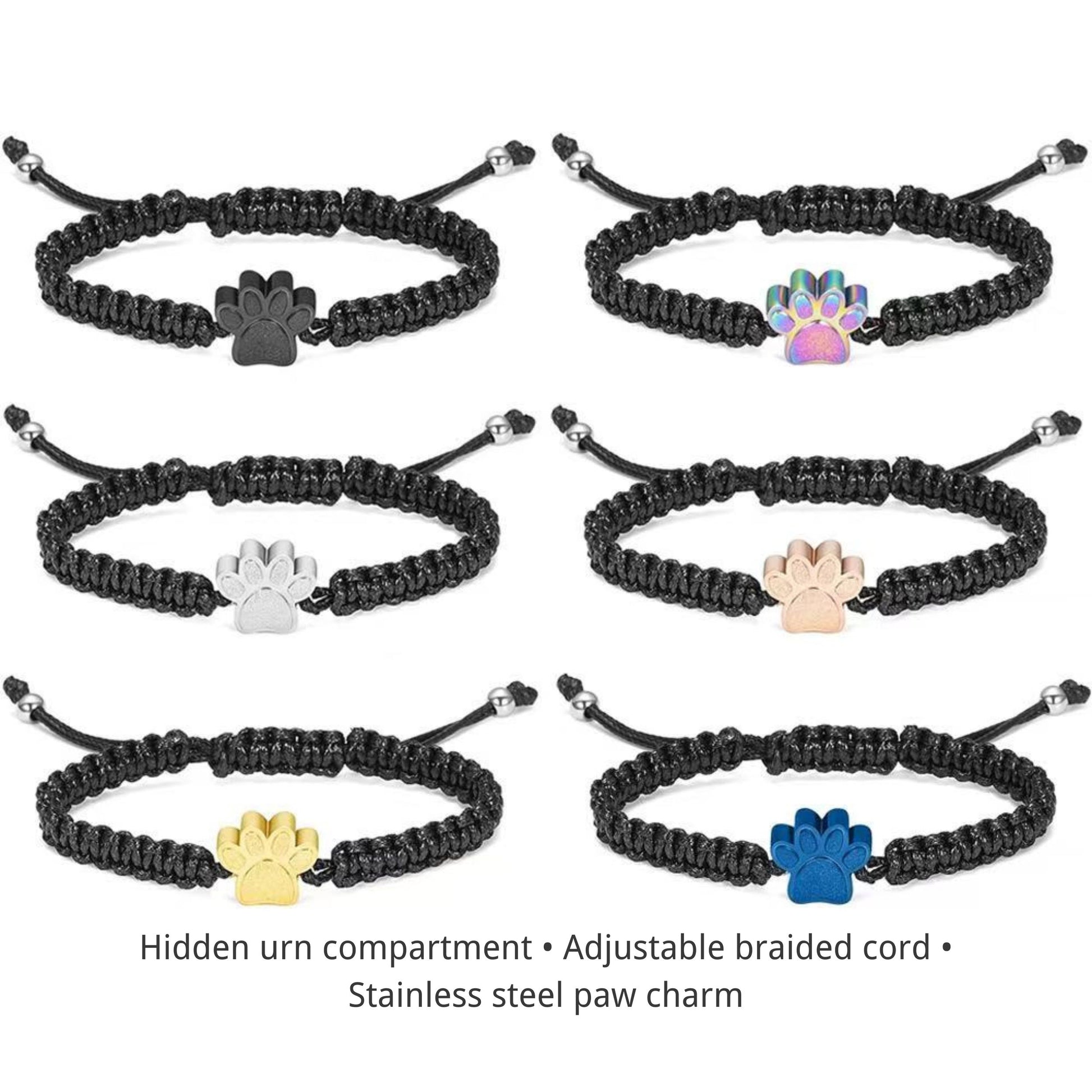 Paw print cremation urn bracelet color options black silver gold rose gold blue rainbow