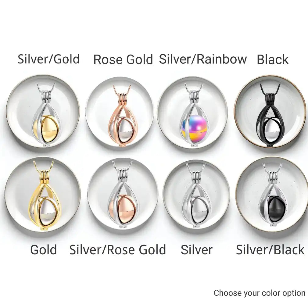 Teardrop urn necklace color options in 8 finishes for pet ashes, stainless steel cremation jewelry