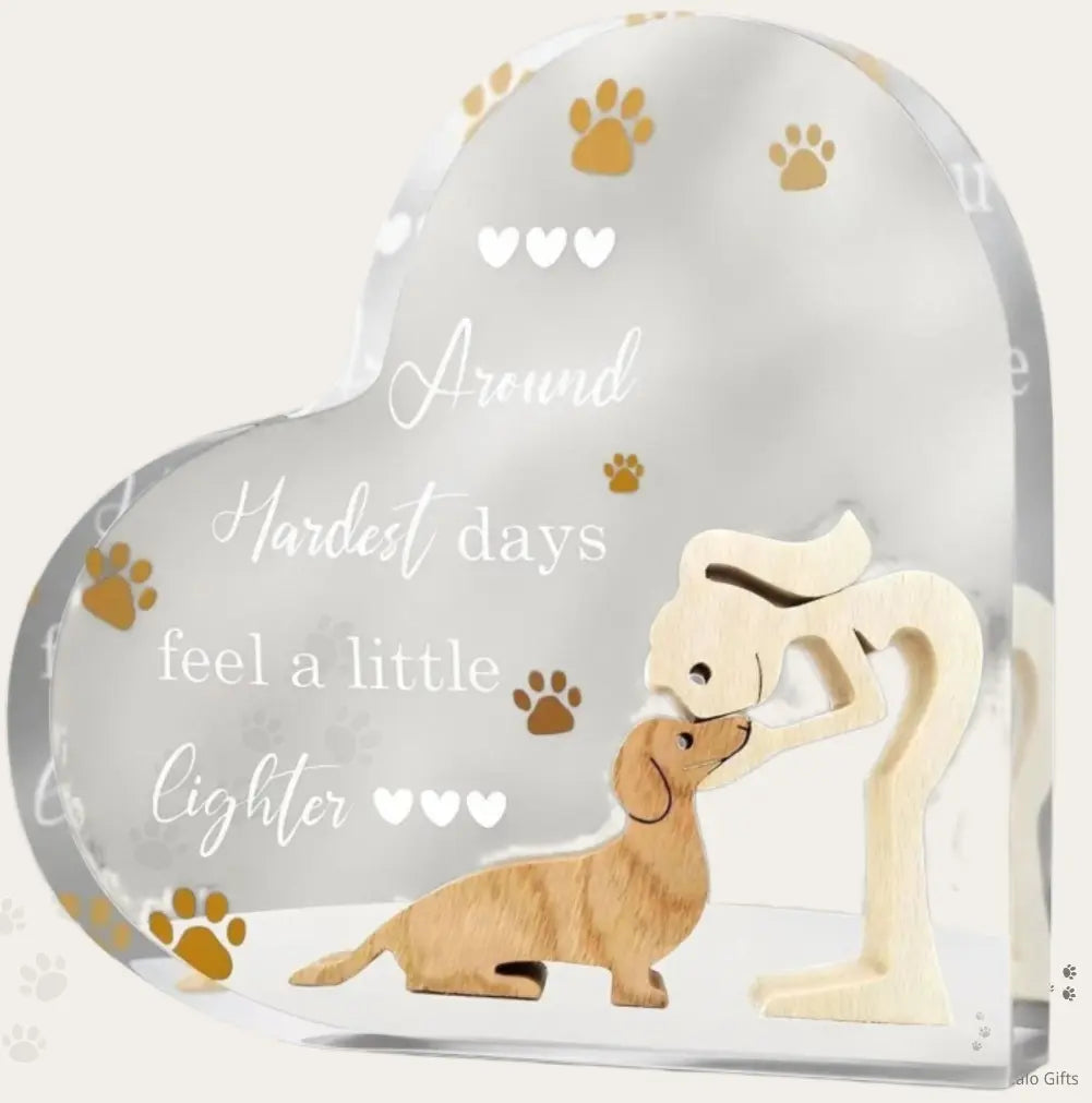 Acrylic pet memorial plaque with wooden dog and owner figures, sympathy keepsake gift for dog loss and remembrance