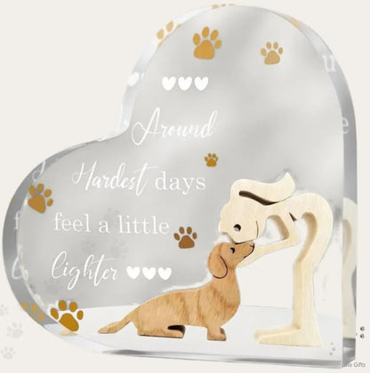 Acrylic pet memorial plaque with wooden dog and owner figures, sympathy keepsake gift for dog loss and remembrance