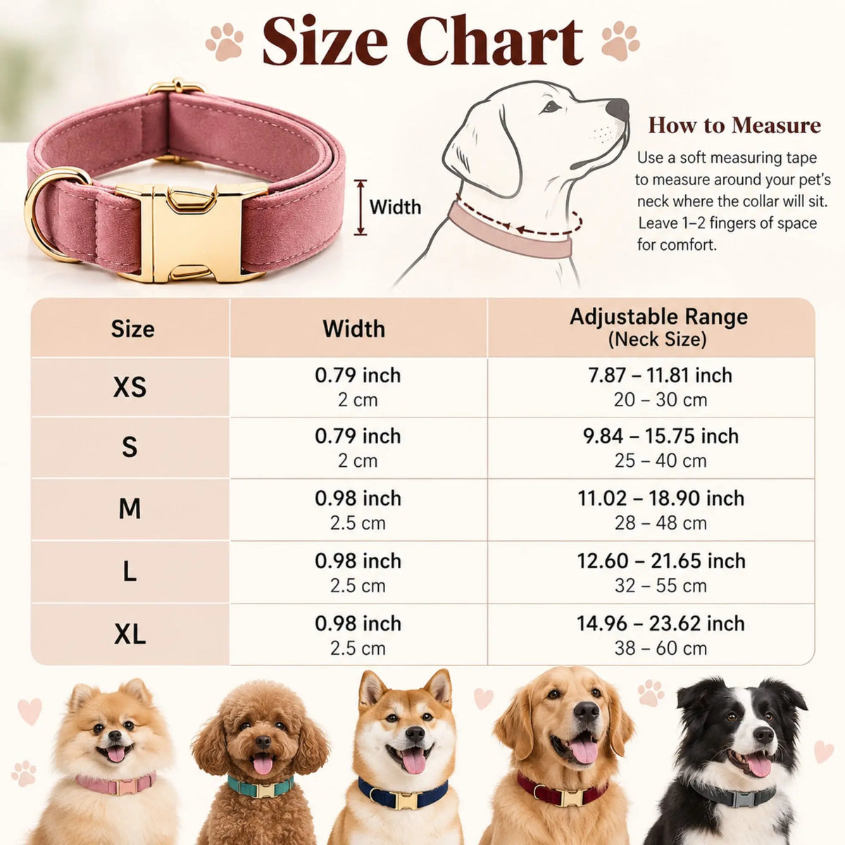 Velvet dog collar size guide showing adjustable lengths and widths for S, M, L, and XL