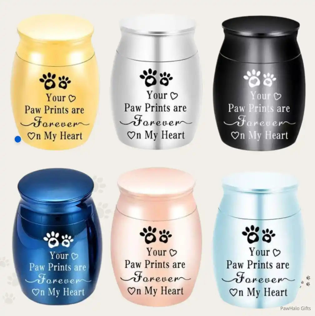 Paw Prints “Forever On My Heart” mini pet keepsake urn shown in multiple colors (gold, silver, black, blue, rose gold, light blue)
