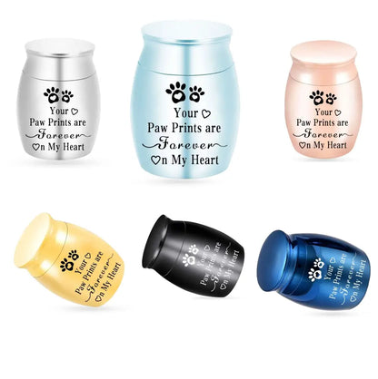 Six metallic color variations including silver, blue, rose gold, gold, black, and dark blue of the aluminum alloy mini pet urns.