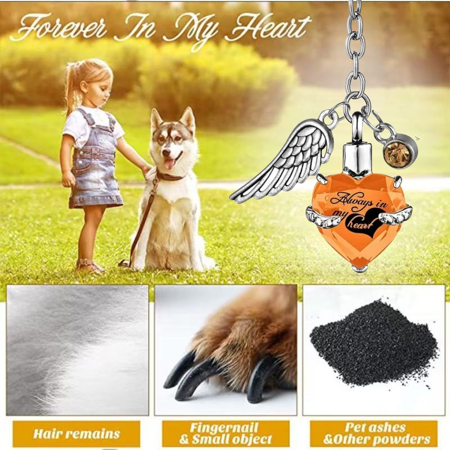 Pet memorial heart urn keychain with angel wing charm for ashes, fur or hair, shown in lifestyle scene with dog and child