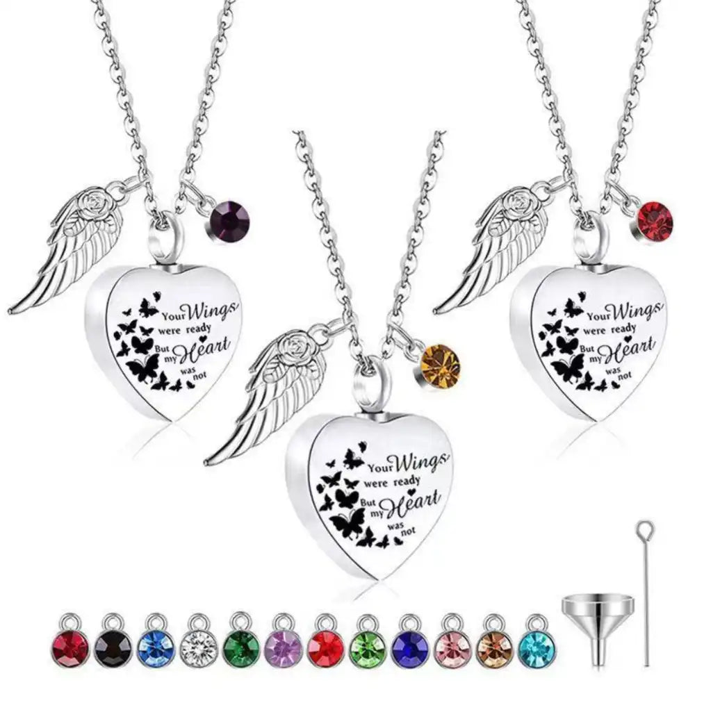 Three angel wings heart pet ashes urn necklace for dogs showing birthstone color options.