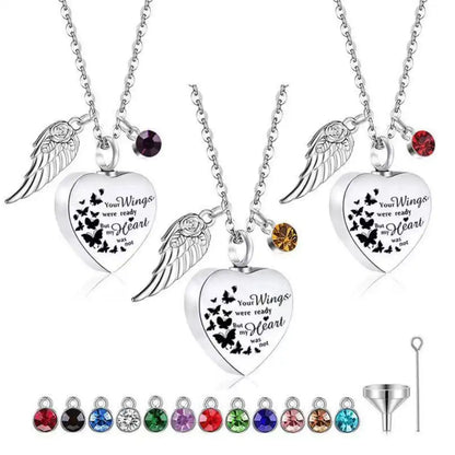 Three angel wings heart pet ashes urn necklace for dogs showing birthstone color options.