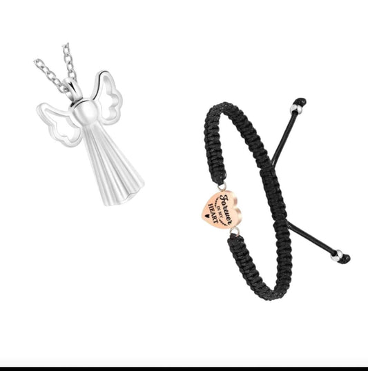 Pet memorial angel pendant and black cord bracelet set