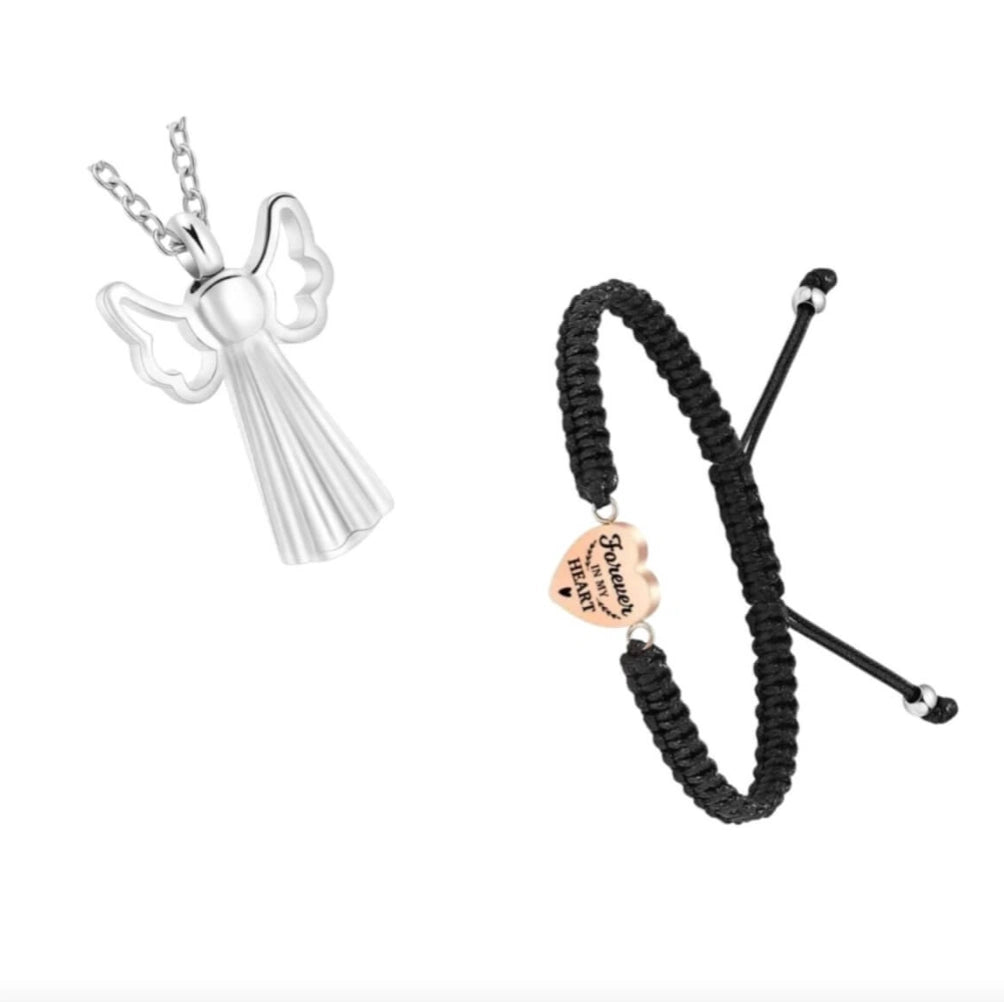 Pet memorial angel pendant and black cord bracelet set