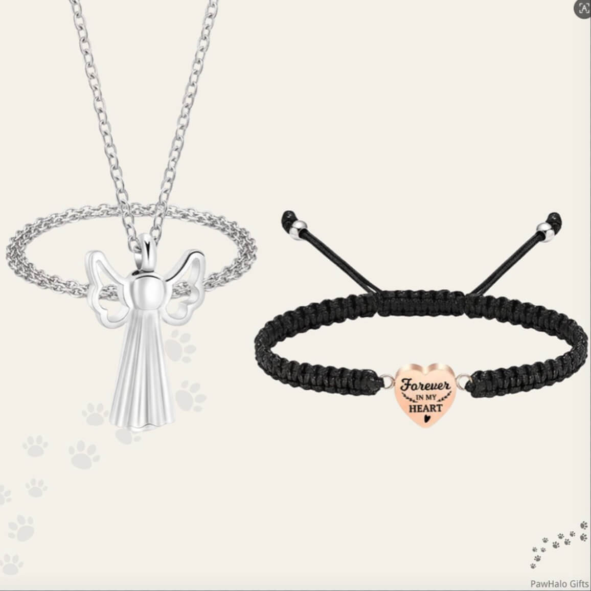 Angel Wings Pet Urn Necklace and Aromatherapy Braided Bracelet Set - PawHalo Gifts