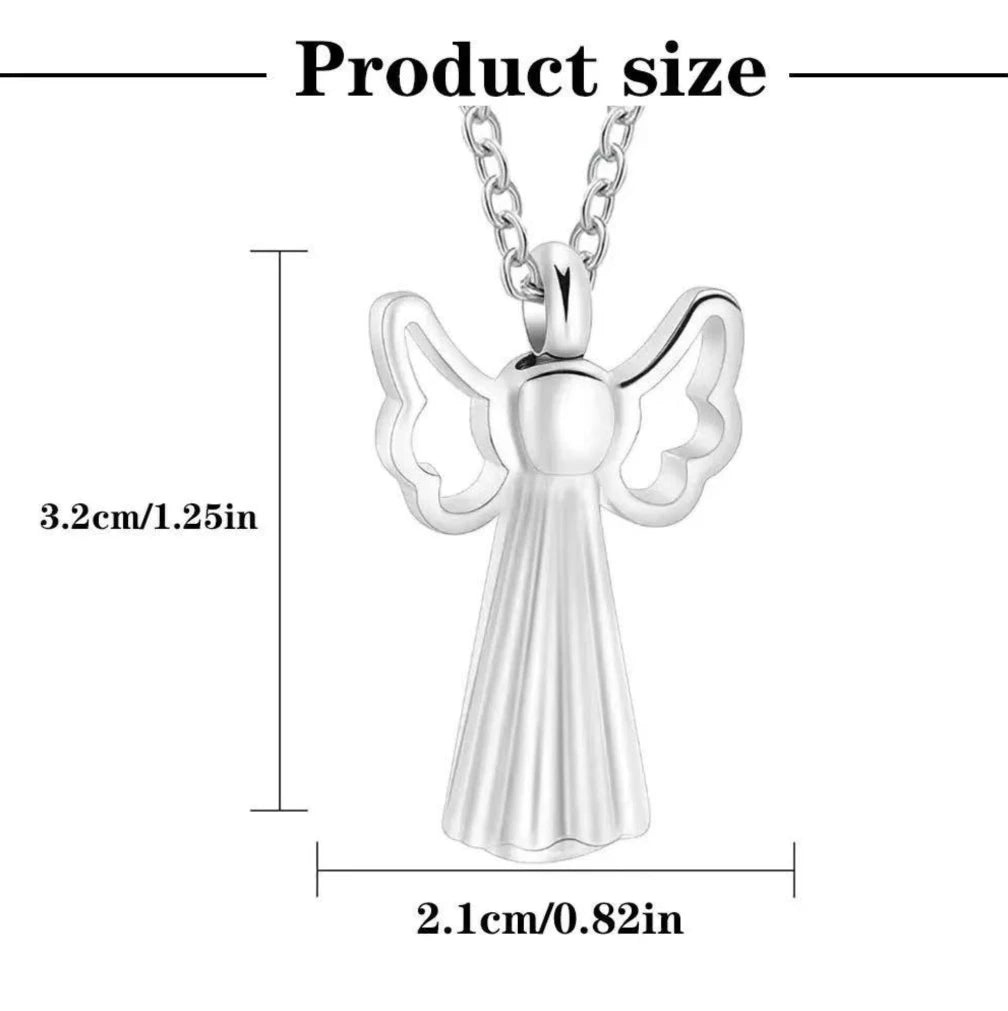 Dimensions chart of the angel wings pet ashes urn necklace for dogs
