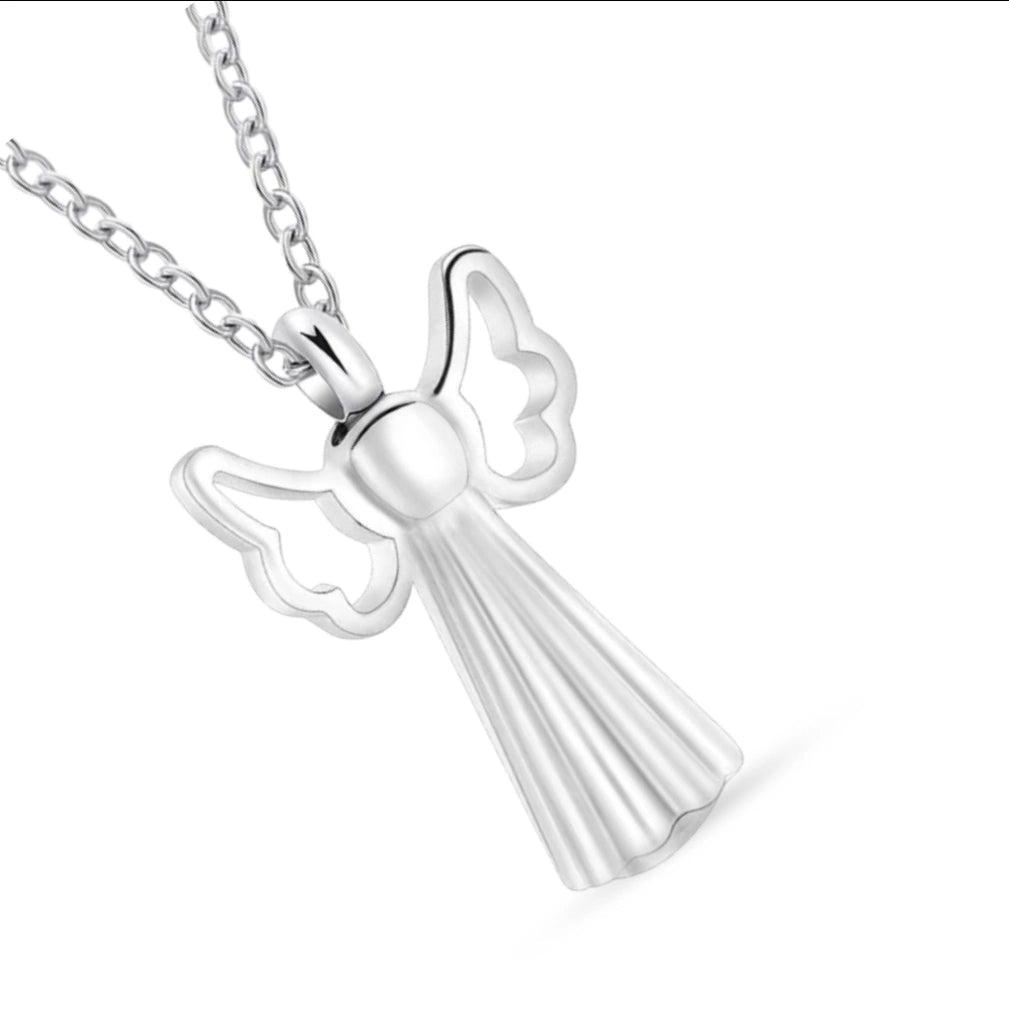 High-polish 316L stainless steel angel wings pet cremation urn necklace on a silver chain.