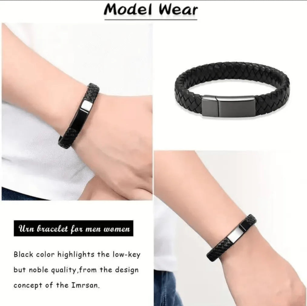 Masculine model wearing the sleek black braided leather pet urn bracelet as a stylish lifestyle alternative to a traditional ashes necklace mens jewelry piece.