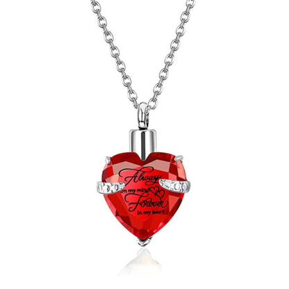 January：Red heart crystal urn necklace pendant on chain, memorial keepsake jewelry for pet loss