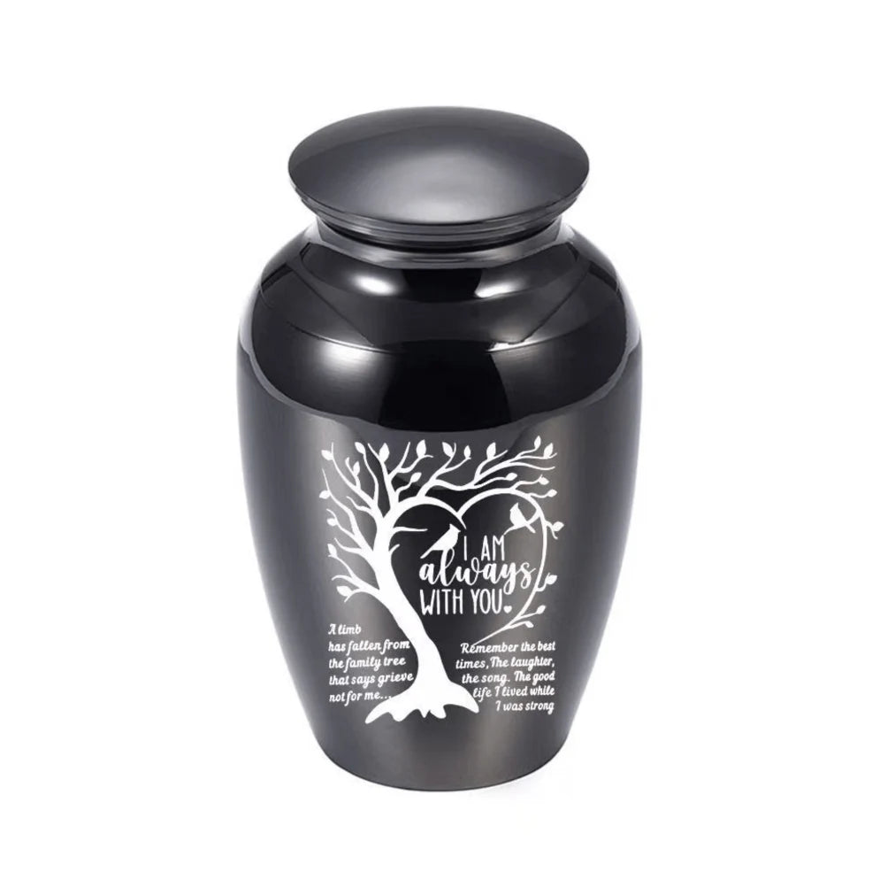 Isolated front view of the premium black stainless steel medium pet urn engraved with a heart shaped tree and birds.