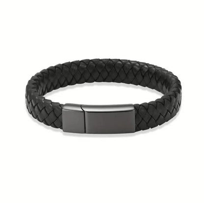 Close-up view of a premium black braided genuine leather pet memorial urn bracelet for ashes featuring a distinctly bold masculine black stainless steel interlocking clasp.