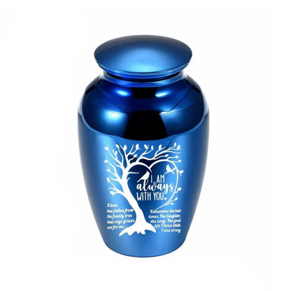 Isolated front view of the premium black stainless steel medium pet urn engraved with a heart shaped tree and birds.