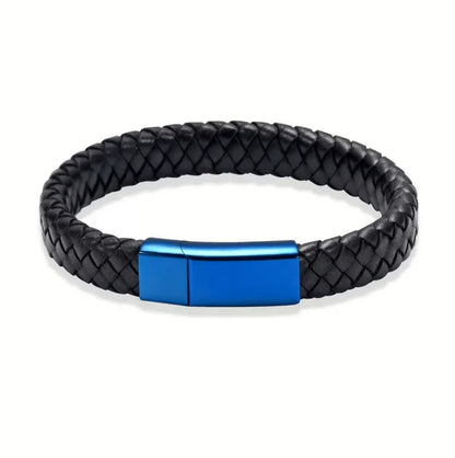 Close-up view of a premium black braided genuine leather pet memorial urn bracelet for ashes featuring a distinctly bold masculine blue stainless steel interlocking clasp.