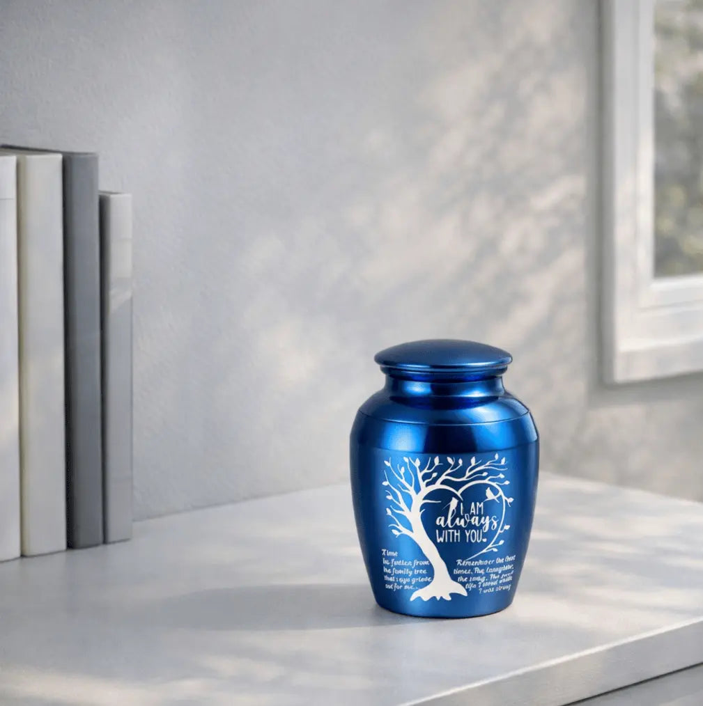 Sacred blue tree of life dog urn for ashes resting on a serene white shelf in a comforting home memorial corner.