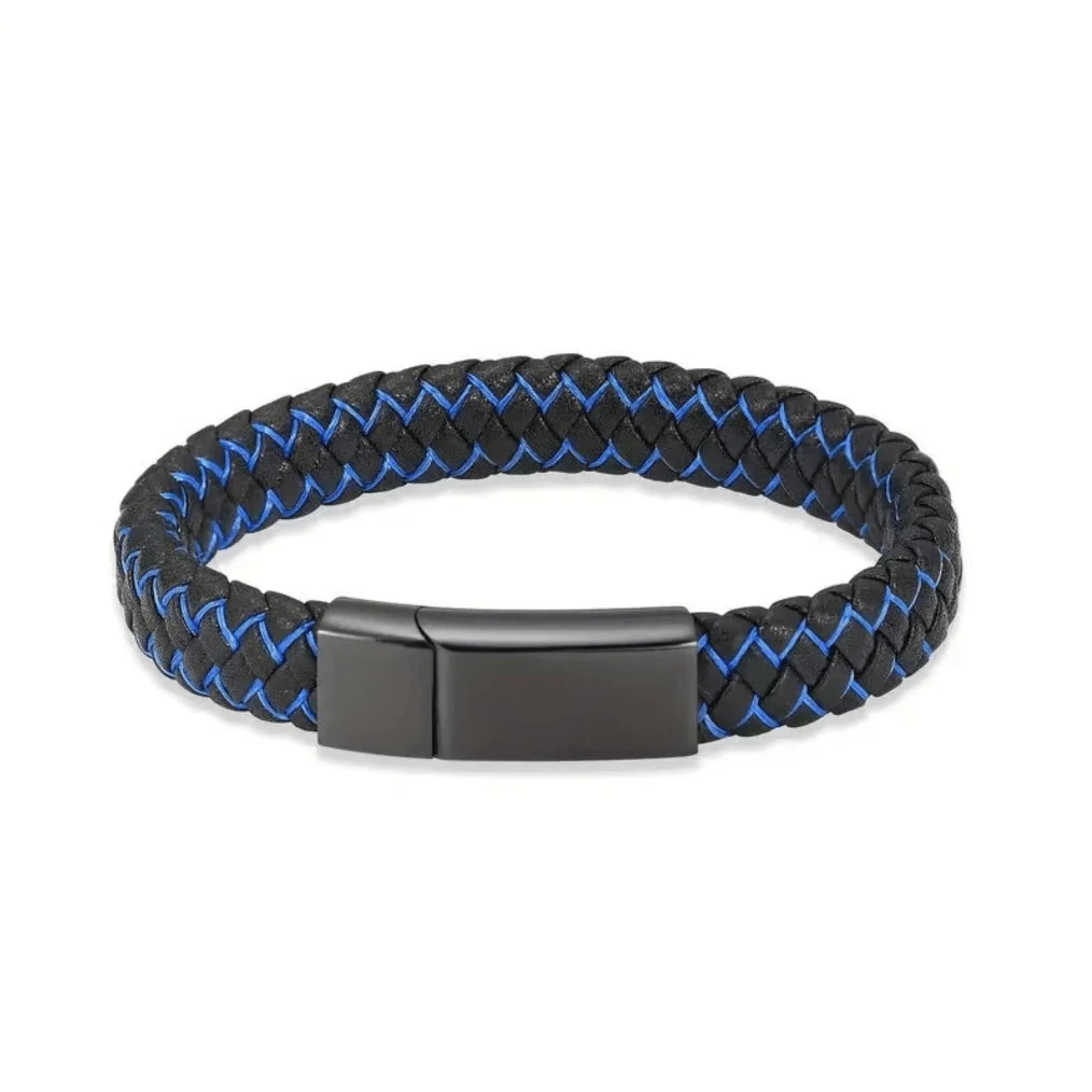 Close-up view of a premium black braided genuine leather pet memorial urn bracelet for ashes featuring a distinctly bold masculine blue black stainless steel interlocking clasp.