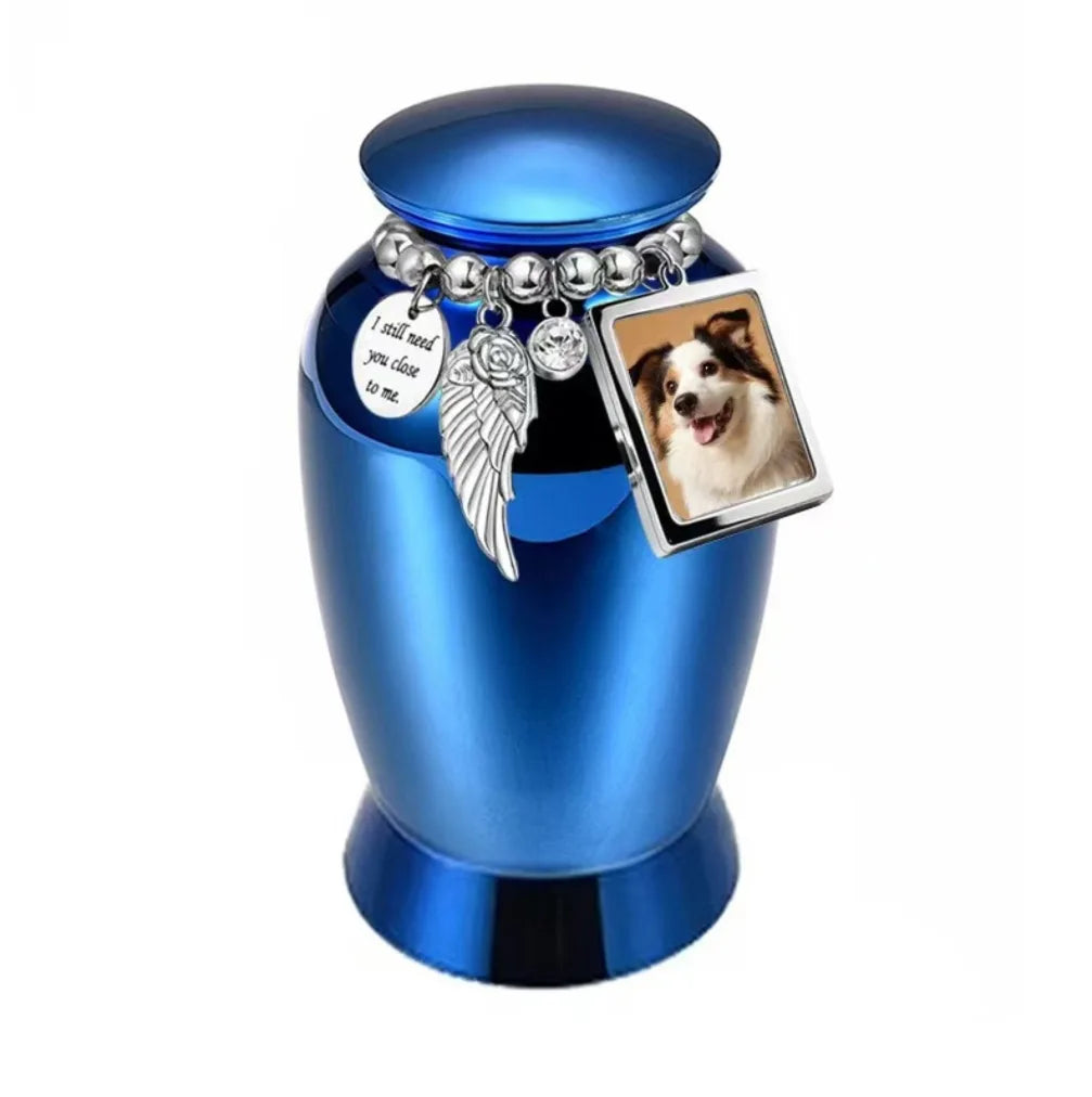 Isolated front view of the light blue personalized pet urn decorated with an emotional poetry medallion and photo frame.
