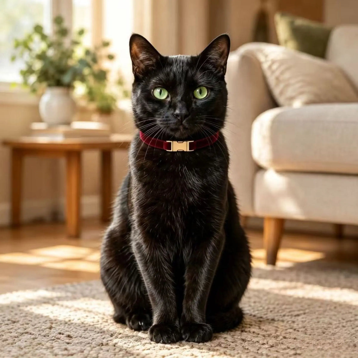 Black cat wearing a burgundy velvet collar with a gold-tone buckle indoors