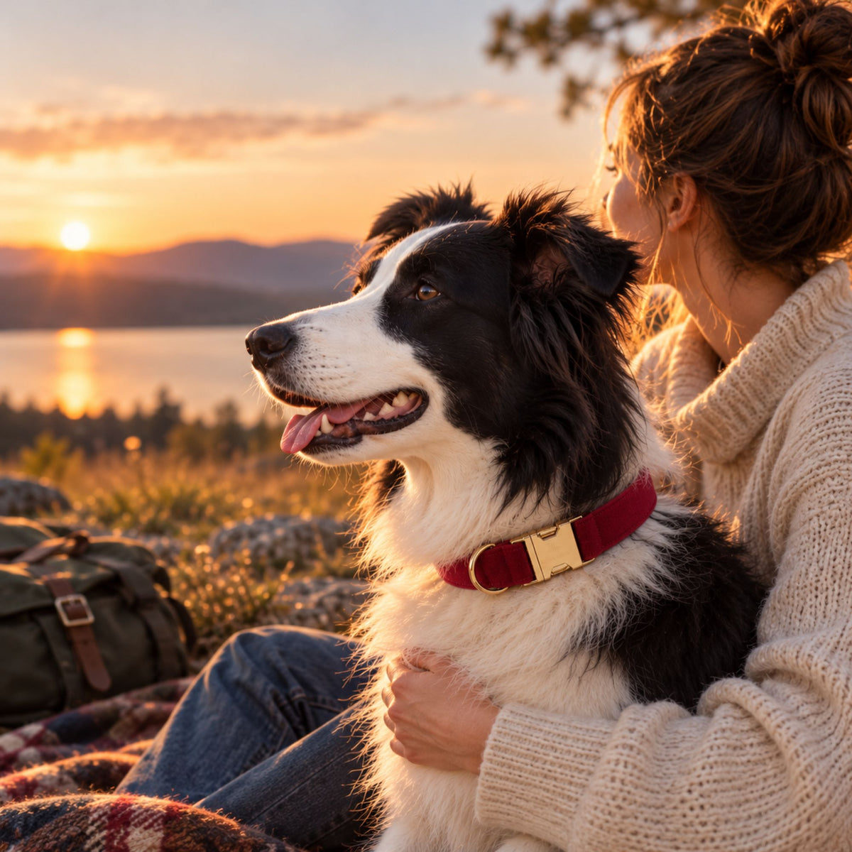 Border collie wearing a burgundy velvet dog collar beside its owner at sunset