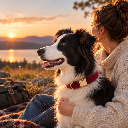Border collie wearing a burgundy velvet dog collar beside its owner at sunset