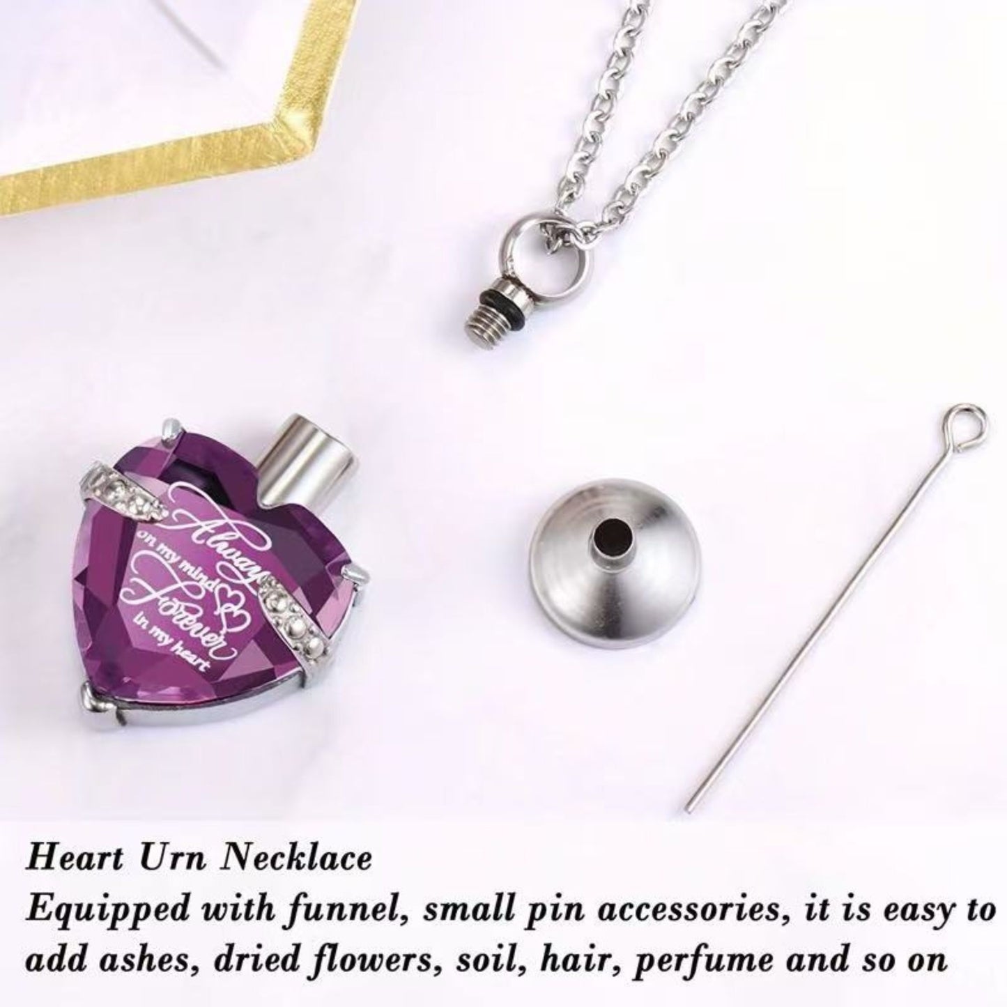 Heart urn necklace filling kit with funnel and pin tool for adding ashes, hair, or dried flowers