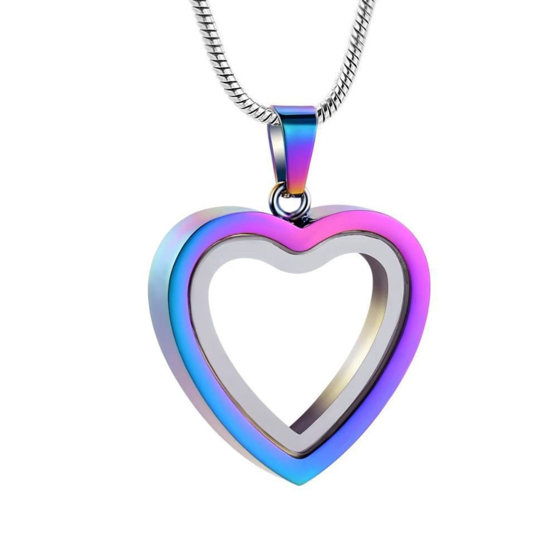 Rainbow stainless steel heart memorial urn necklace pendant on chain, minimalist outline design
