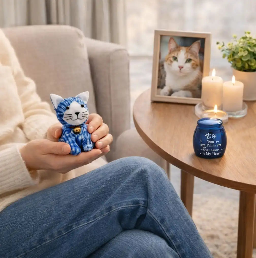 A comforting cat loss sympathy gift set displayed on a wooden table beside candles, a framed pet photo, and held gently in hands.