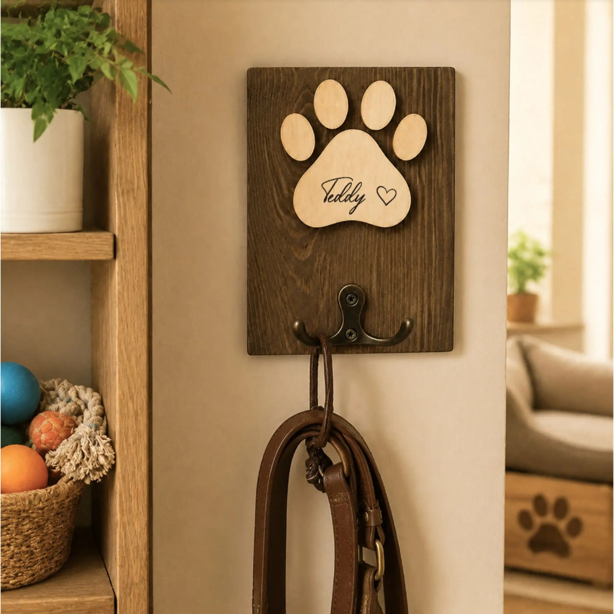Personalized Wooden Dog Leash Holder with Paw Print & Custom Name