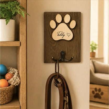 Personalized Wooden Dog Leash Holder with Paw Print & Custom Name