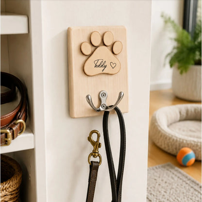 Personalized Wooden Dog Leash Holder with Paw Print & Custom Name