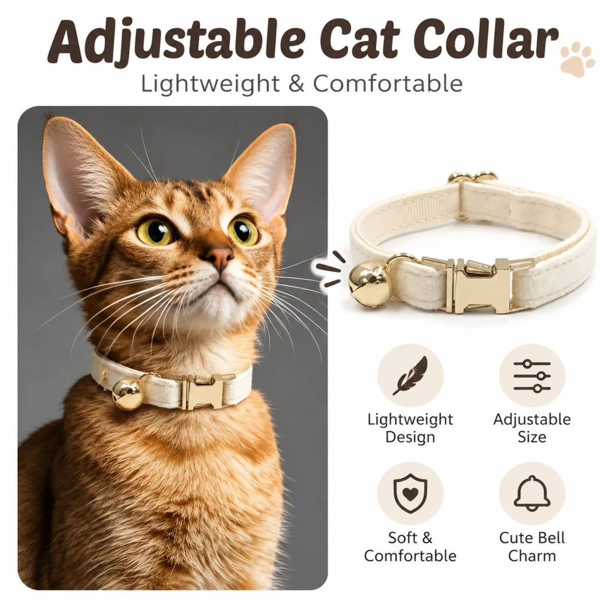 Cat wearing a cream velvet collar with gold-tone buckle and bell beside a matching collar close-up