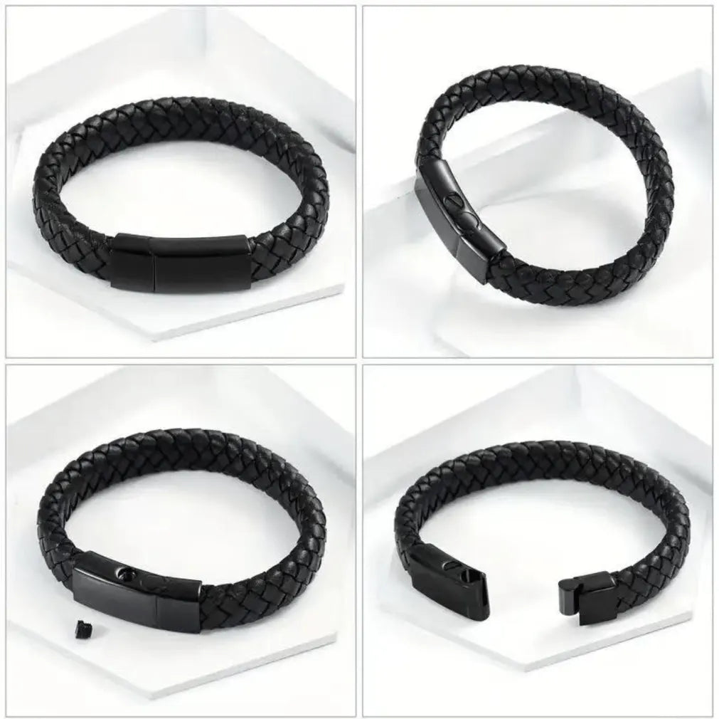 Four-way close-up views of the black braided leather cremation jewelry for guys, displaying the matte steel buckle and open hidden ash compartment.