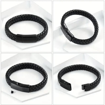 Four-way close-up views of the black braided leather cremation jewelry for guys, displaying the matte steel buckle and open hidden ash compartment.