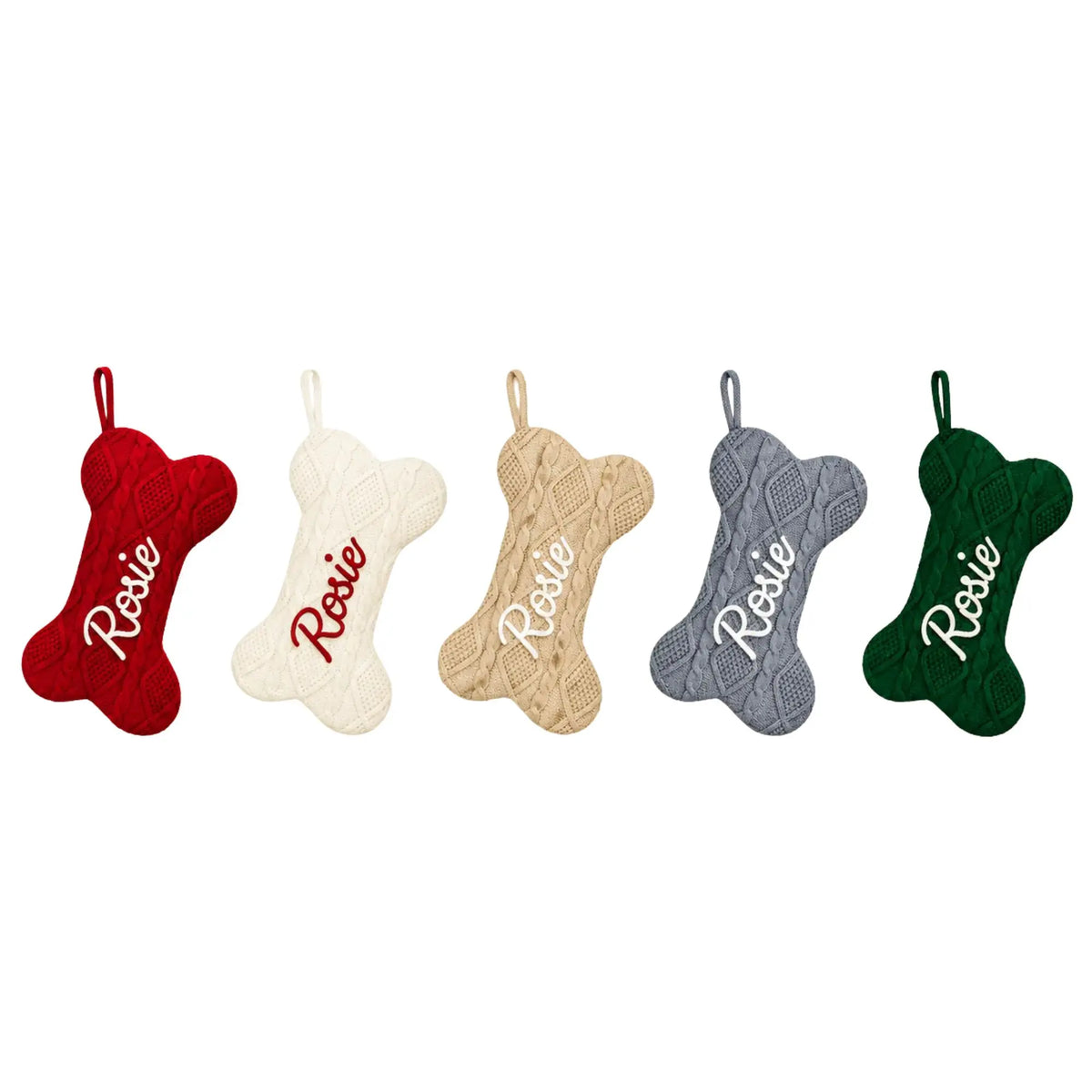 Custom dog bone Christmas stockings with personalized names in multiple colors