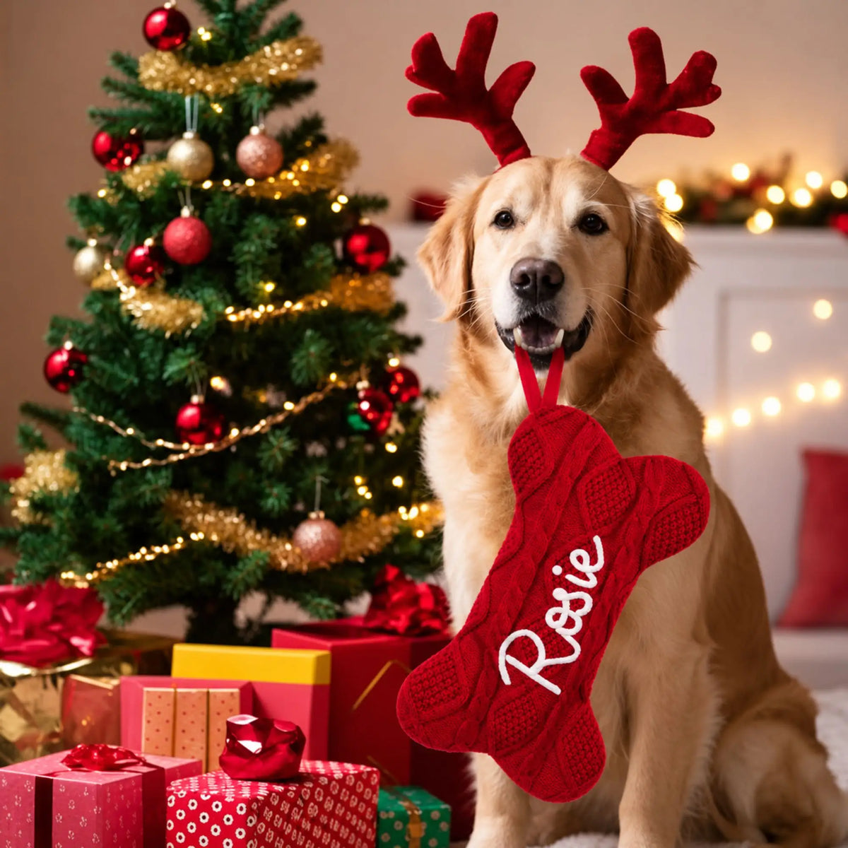 Golden Retriever with a personalized red dog Christmas stocking embroidered with a pet name