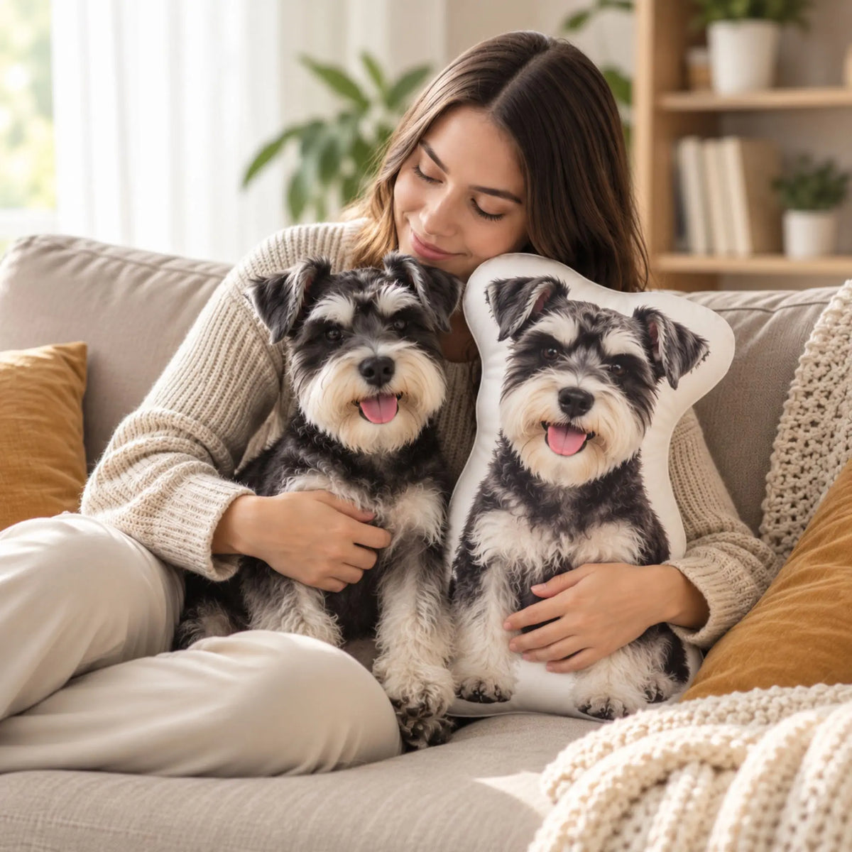 Woman holding a Schnauzer beside a custom dog photo pillow made to match her pet