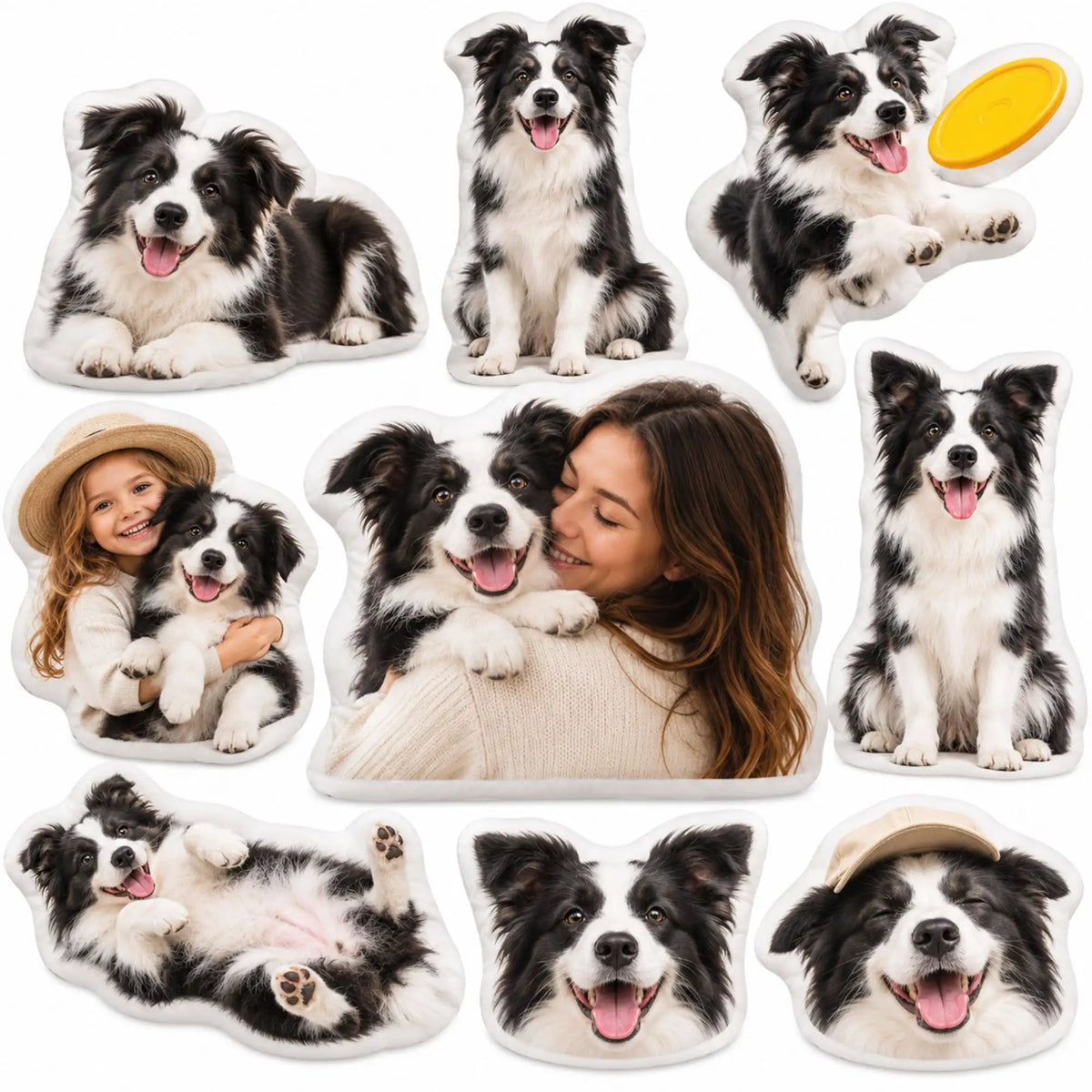 Custom dog pillows created from different pet photos, poses and personalized image styles