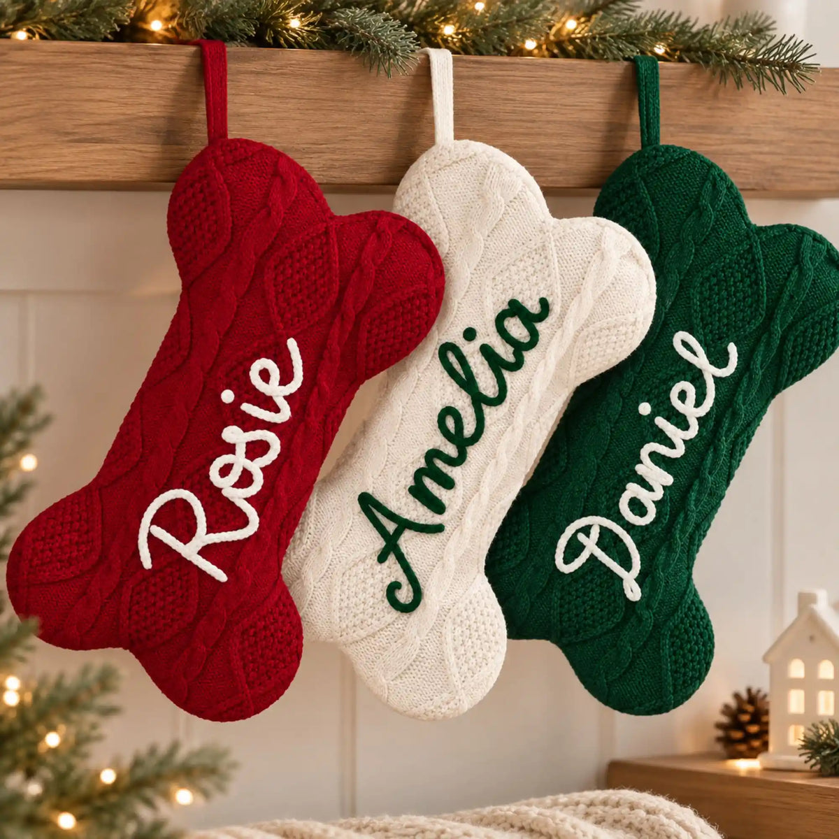 Custom dog stockings with embroidered names hanging with Christmas decorations
