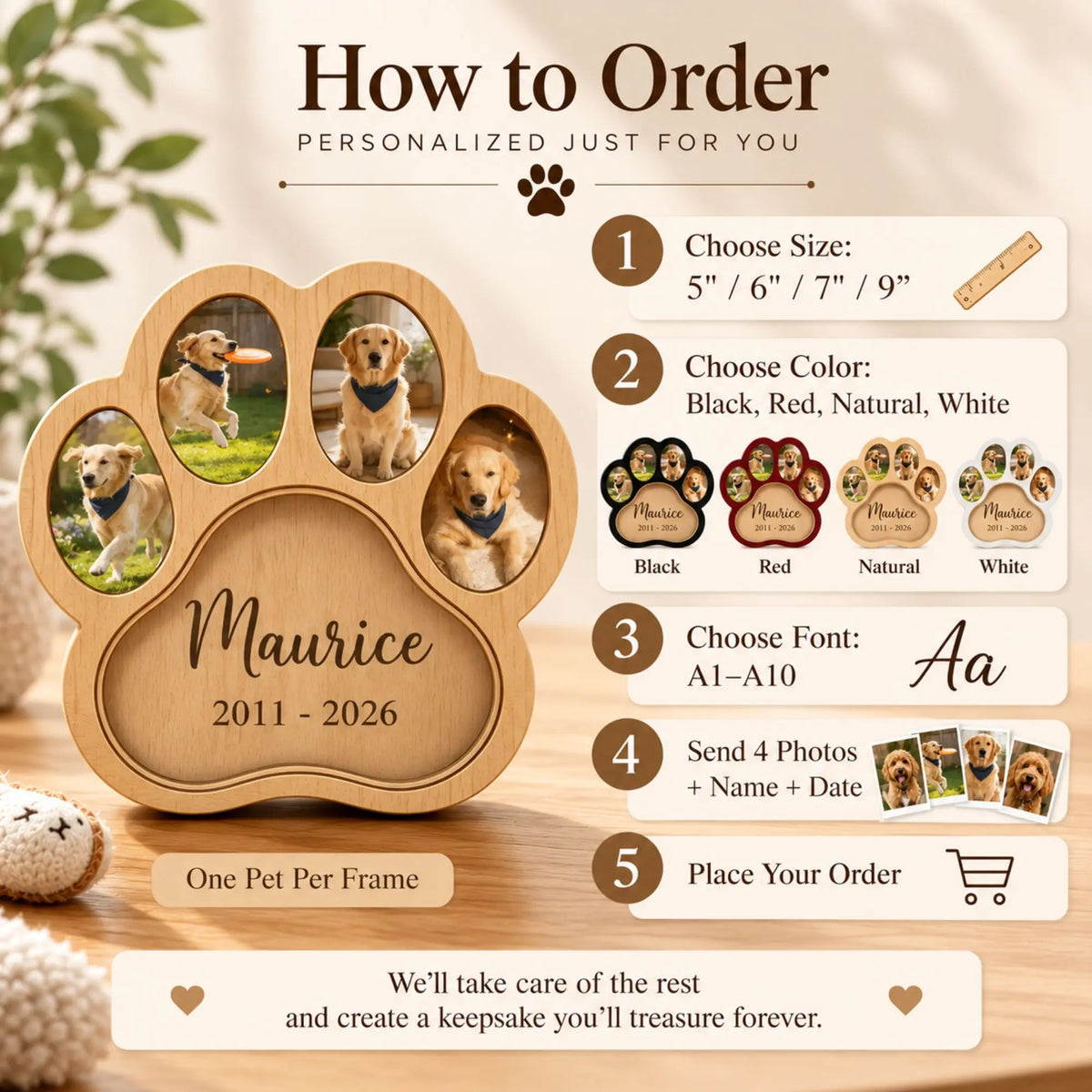 Custom pet photo keepsake frame featuring four personalized pet pictures