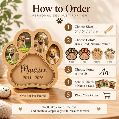Custom pet photo keepsake frame featuring four personalized pet pictures