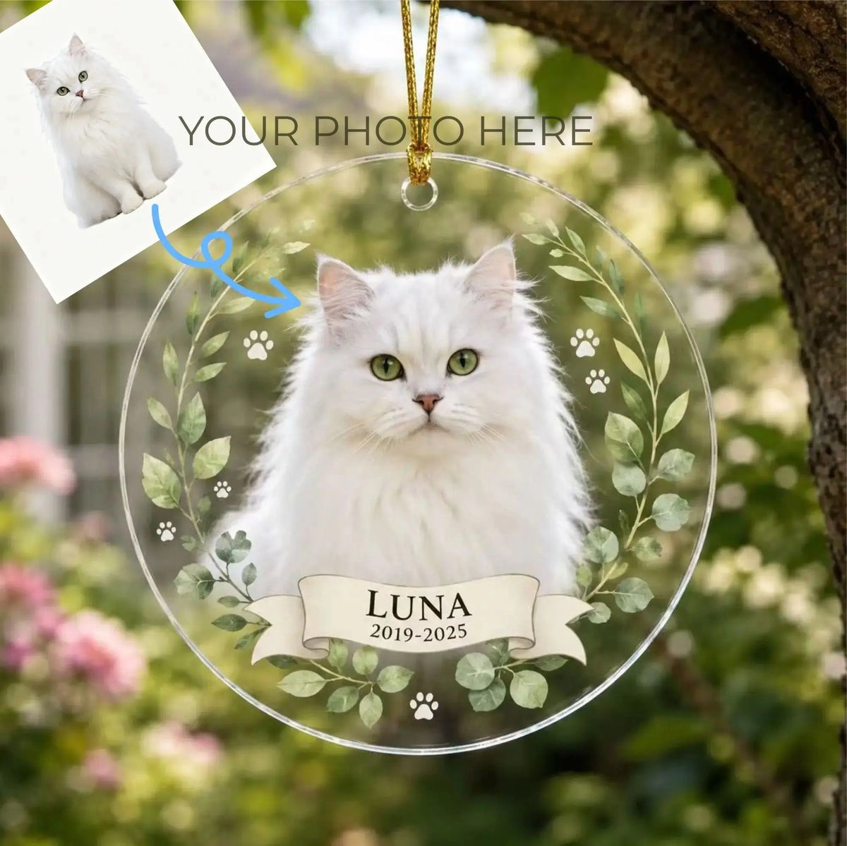 Customization example showing a cat photo applied to a personalized pet memorial acrylic ornament.