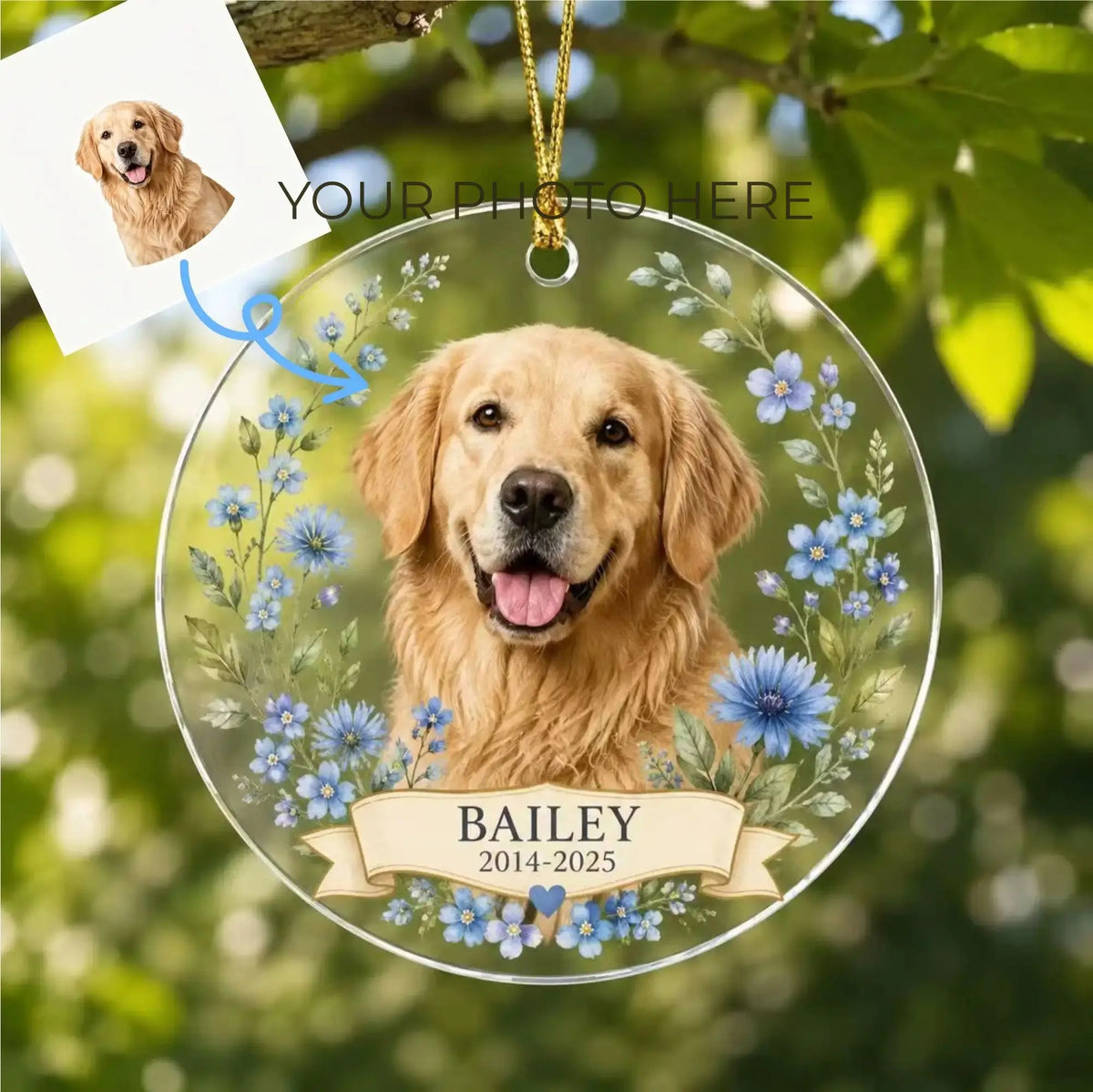Customization example showing a dog photo applied to a personalized pet memorial acrylic ornament.