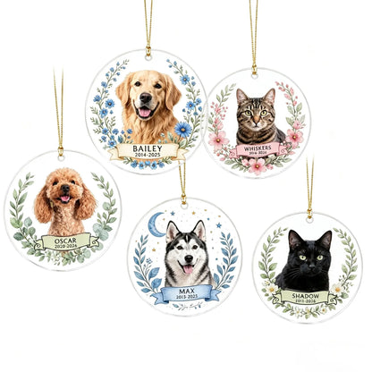 Main Five personalized pet memorial acrylic ornaments with dog and cat photos in assorted floral styles.