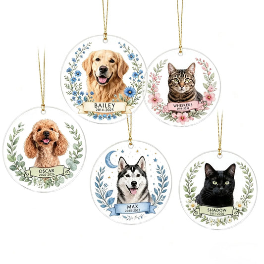 Main Five personalized pet memorial acrylic ornaments with dog and cat photos in assorted floral styles.