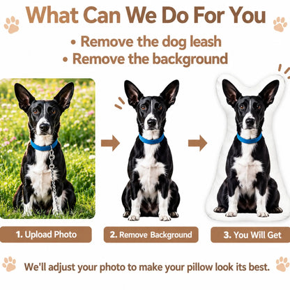 Custom pet photo pillow process showing photo upload, background removal and finished shaped pillow
